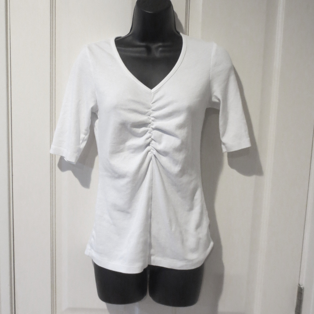 Lilla P Shirred White V-Neck Elbow Sleeve Top
